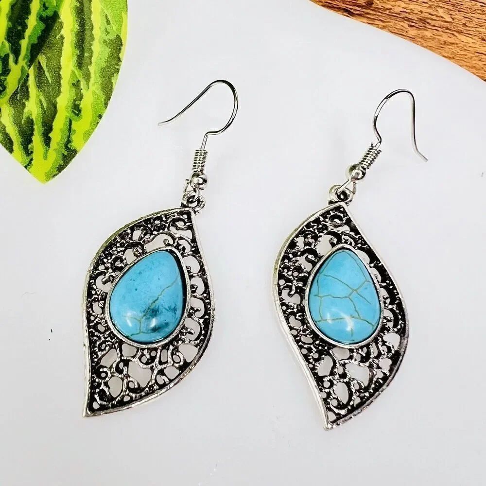 Teal Blue Faux Teardrop Turquoise On Leaf  Silver Tine Dangle Drop Earrings